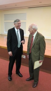 UNC President Tom Ross, left, with Carolina Meadows Residents Association President Roy Carroll